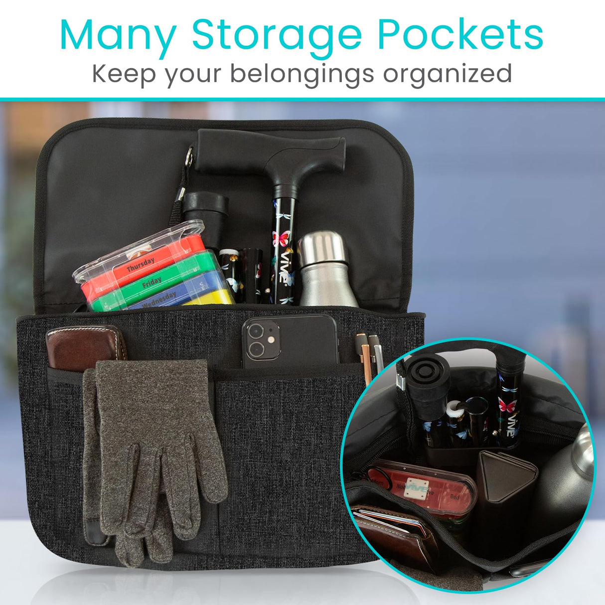 Vive Wheelchair Carry Bag - Arm Rest Pouch for Rollator, Walkers, Power Wheel Chairs and Knee Scooters - Side Storage Organizer for Elderly, Seniors, Adults (Black)