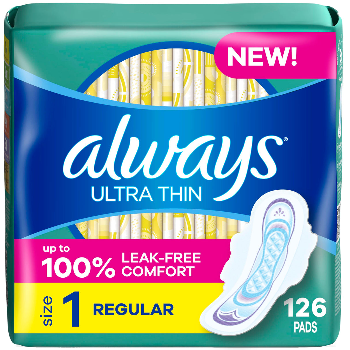 Always Ultra Thin Daytime Pads with Wings, Size 1, Regular, Unscented, 42 Counts x 3 Packs (126 Count Total)