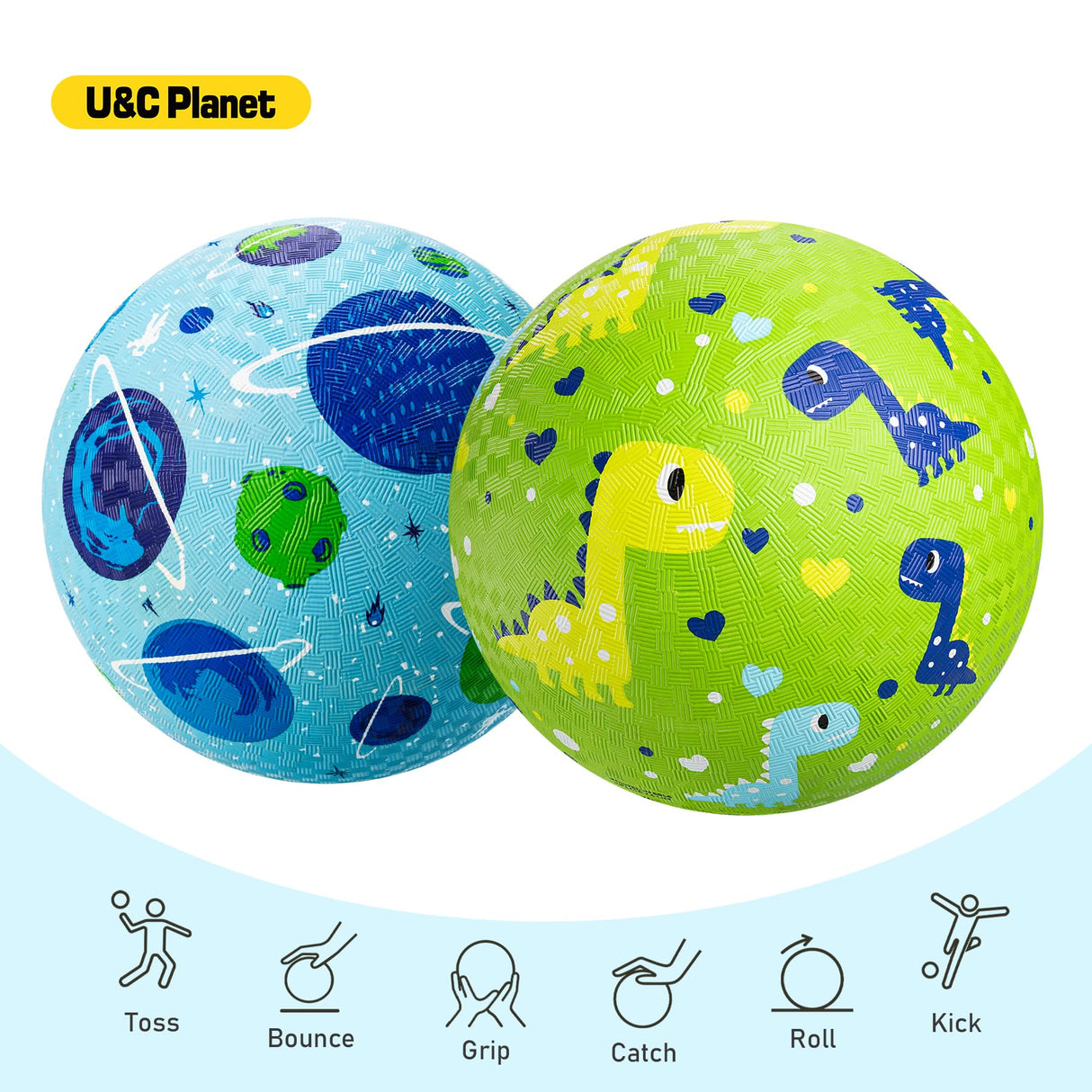U&C Planet 2 Pack Playground Balls for Toddler Kids, 8.5 inches Cartoon Rubber Balls with Pump, Kickball Outdoor Indoor Game, Great Gift for Boys Girls Aged 1 Above, Operation Christmas Child Shoebox