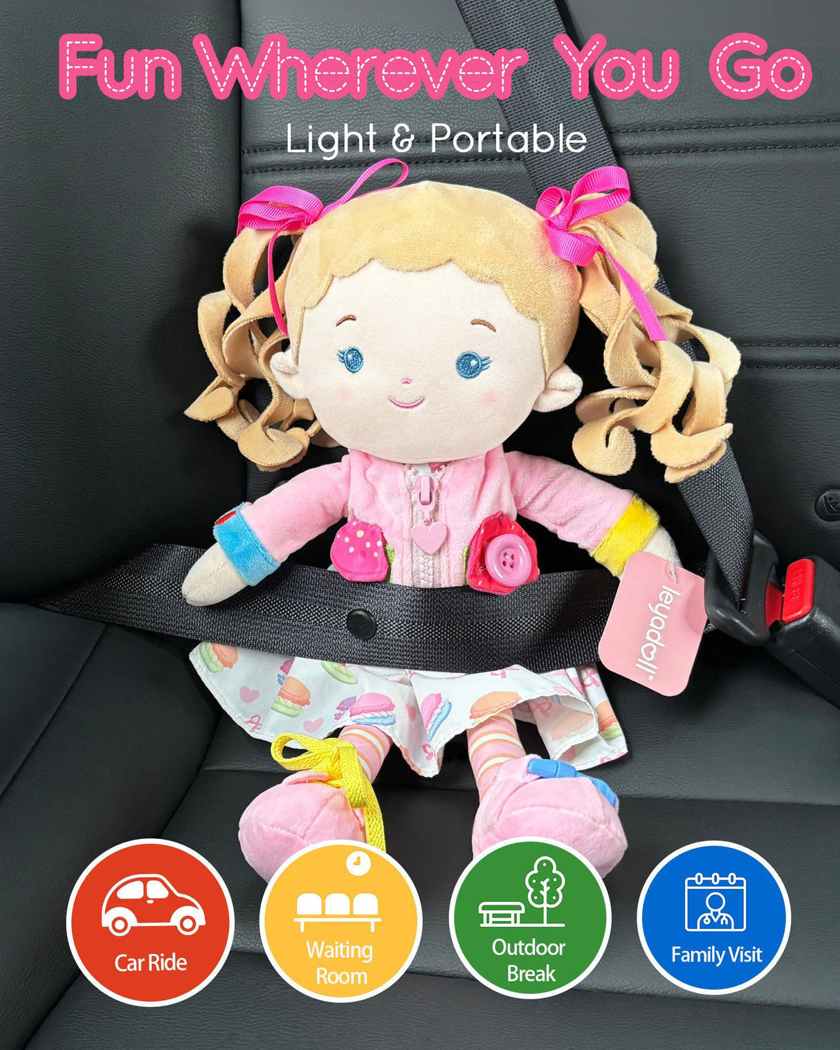LeyaDoll Soft Bady Educational Soft Baby Doll(16''), Learning Sensory Doll for Toddlers, Montessori Toys for 2-Year-Old Girls Christmas, Birthday Gifts, Plush Doll with Button-Busy Cupcake-Girl
