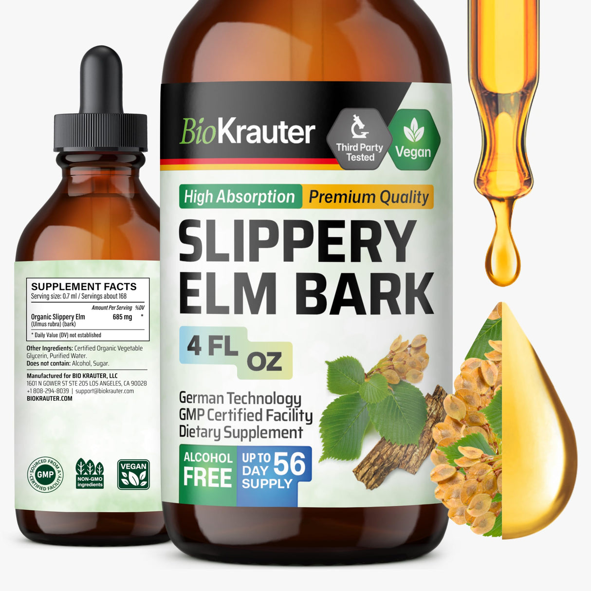 BIO KRAUTER Slippery Elm Bark Drops - Ulmus Rubra Slippery Elm for Women and Men - Respiratory & Digestive Support - Vegan, Alcohol & Sugar Free Extract - 4 Fl.Oz.