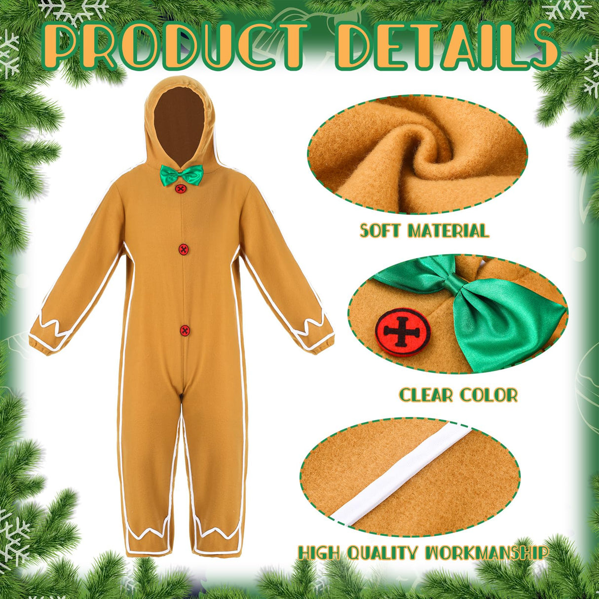 Geyoga Gingerbread Man Costume for Kids Home Clothing Christmas Gingerbread Outfit Bodysuit Hooded Unisex(Classic,5-6 Years)