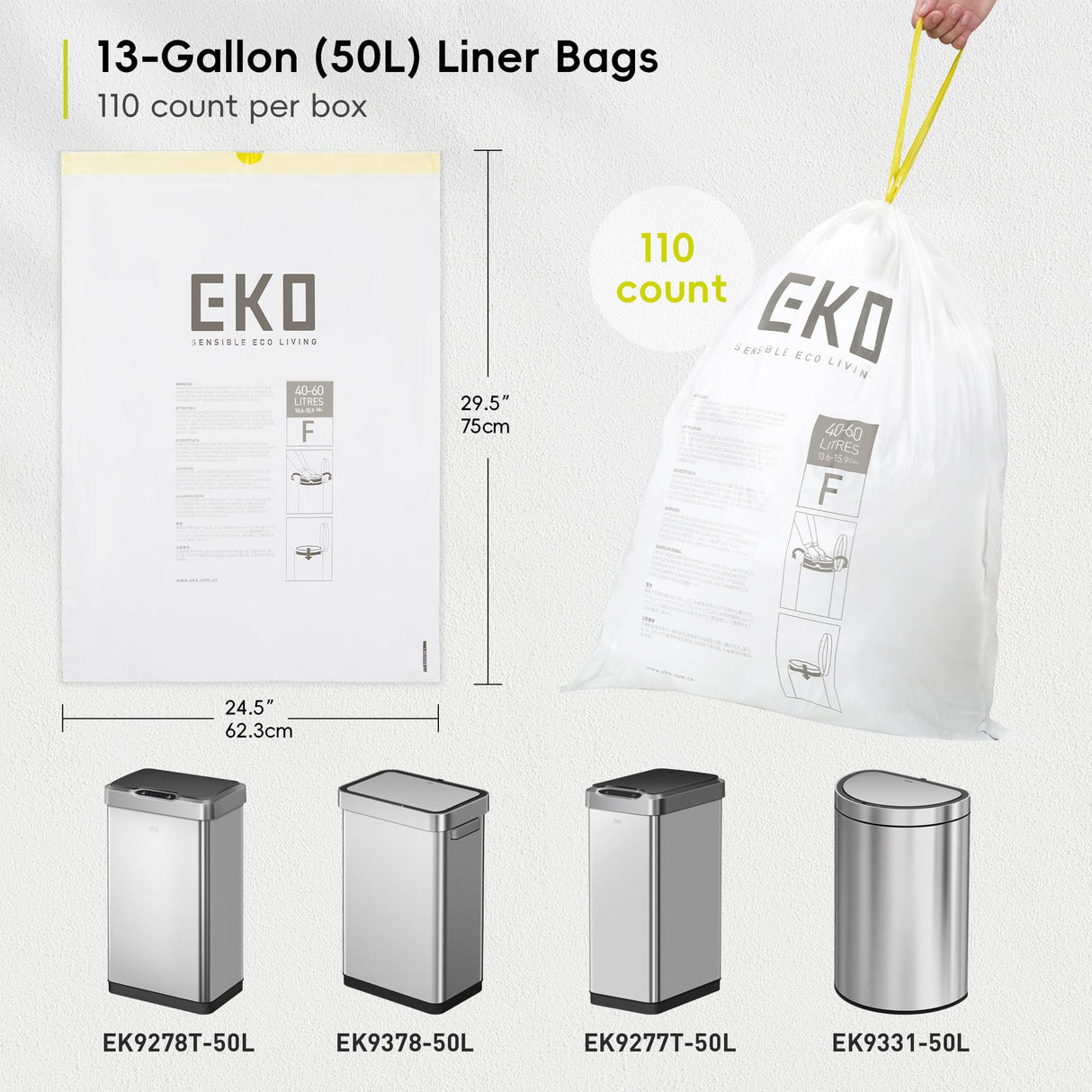 EKO Extra Strong 13 Gallon Large Drawstring Trash Bags, Heavy-Duty Garbage Bags for Kitchen & Household Use (50L), Leak-Resistant, 110 Count, Code F
