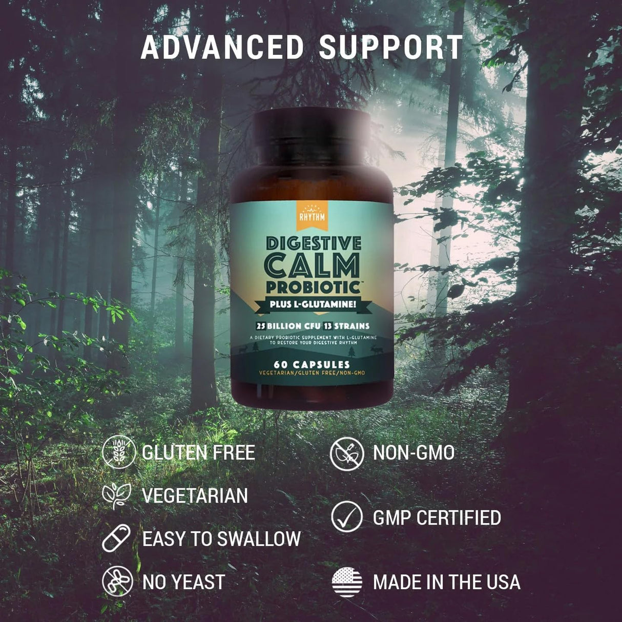 Natural Rhythm Digestive Calm Probiotic (Plus L-Glutamine) 25 Billion CFU and 13 Strains. - Natural Support for Better Digestion - for Bloating & Constipation + Gas Relief & Leaky Gut - 60 Capsules.