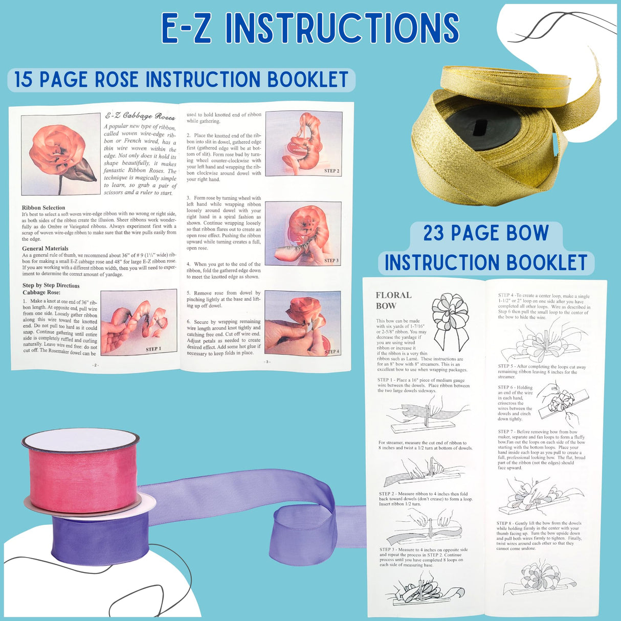 EZ Bow Maker with Rose and Flower Maker Attachment - Easy Bow and Flower Maker Tool Kit for Ribbon, Crafts, Wreaths, Gift Bows, Hair Bows, Flowers, Roses, Christmas Decor Bowmaking, Weddings