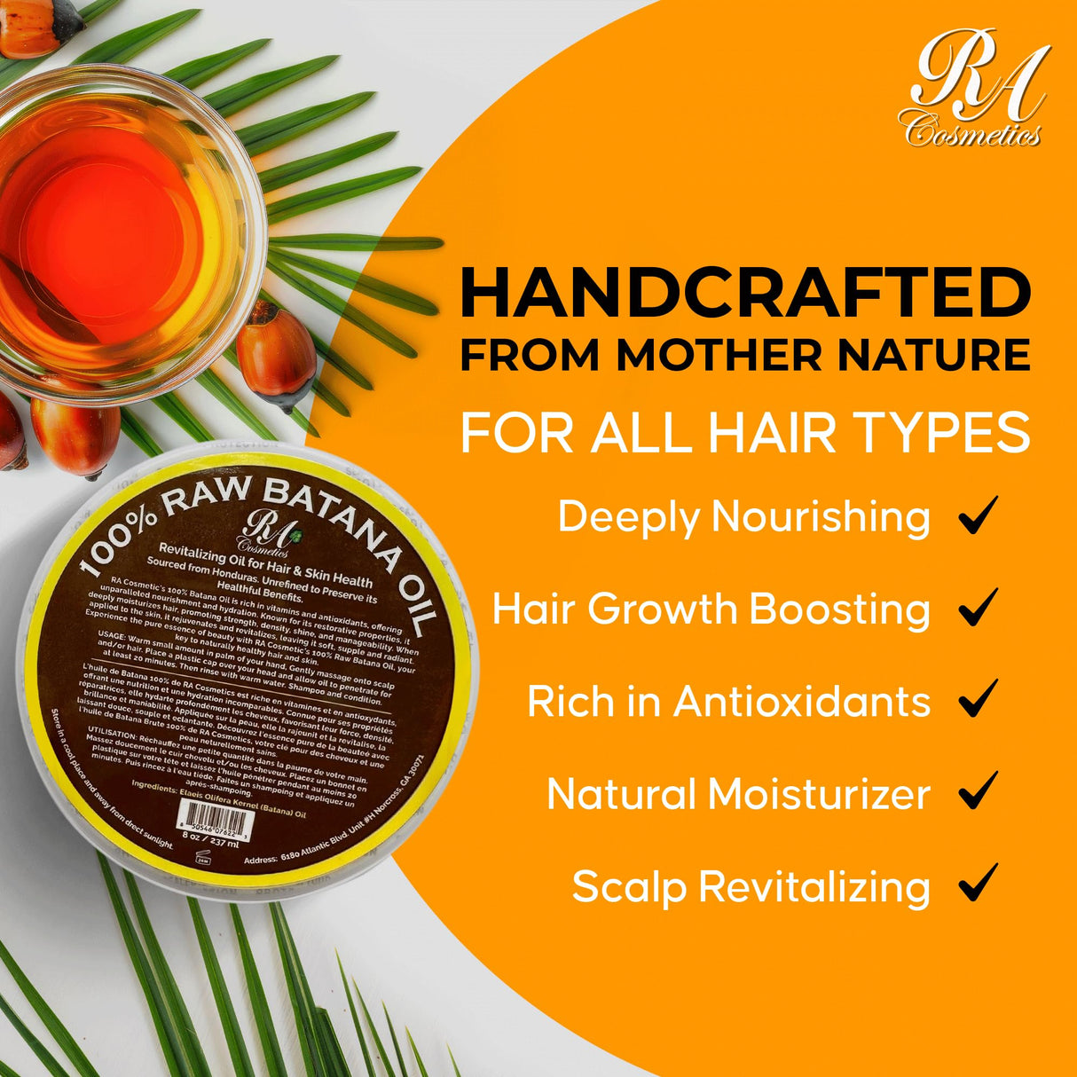 2 Pack RA Cosmetics 100% Natural Unrefined Batana Hair Oil for Healthy Hair, 16 oz | Nourishing Hair Moisturizer for Damaged Hair Repair| Strengthening and Nourishing Hair Conditioner - Sourced from Honduras