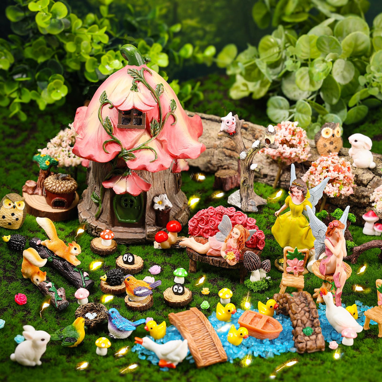 HIYZI 93 Pcs Fairy Garden House Resin Accessories Fairy Elves Kit Miniature Fairy Figurines Ornaments Animals Decor Outdoor for DIY Dollhouse