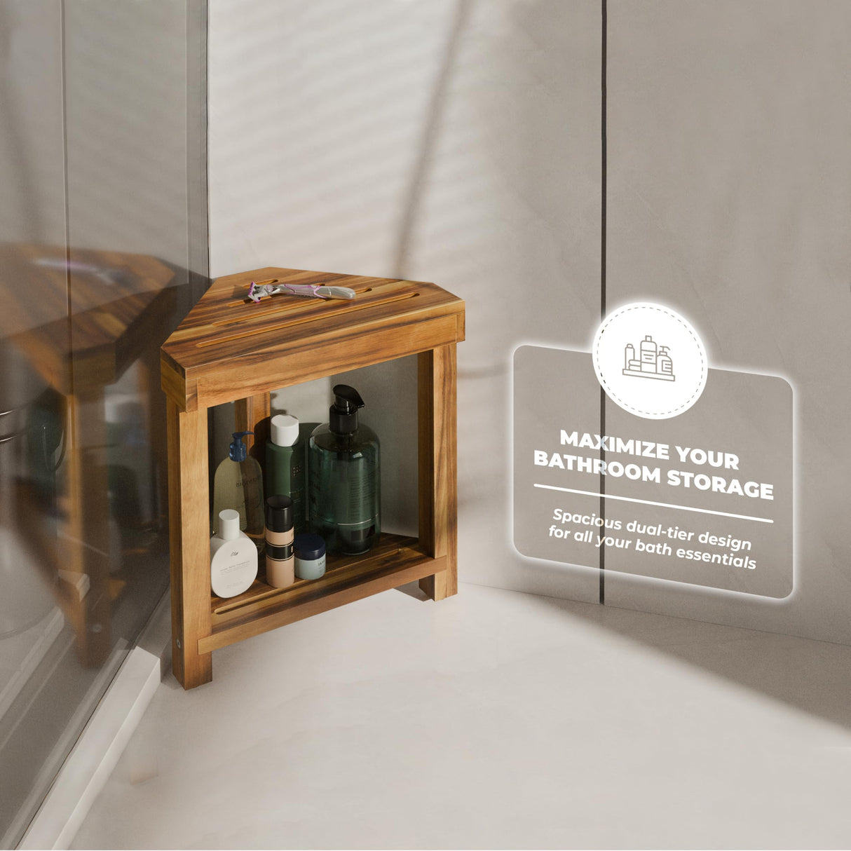 BLUEWEST Shower Foot Rest, Corner Shower Stool, Wooden Shower Foot Stool for Shaving Legs Inside Shower, Waterproof Shower Foot Rest with Storage Shelf for Small Shower Space, Shower Seats and Benches