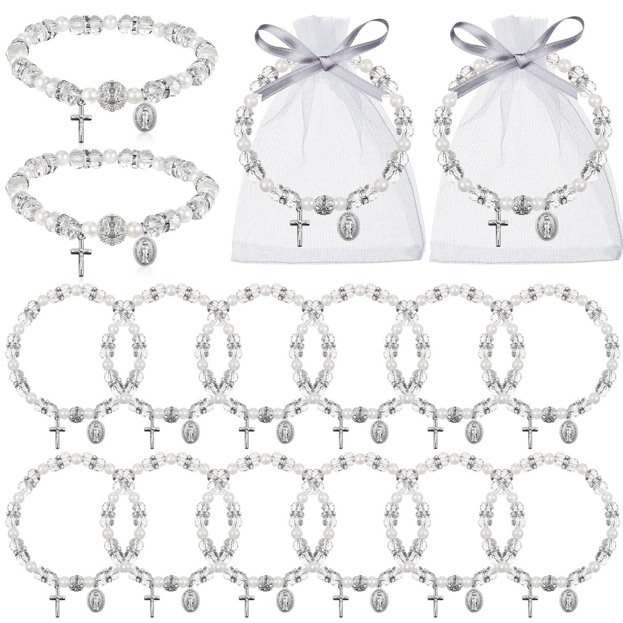 Taiyin 12 Pcs Rosary Bracelet Bulk with Mesh Bags, White Religious Rosary Bead Bracelet Catholic Bracelets, Baptism First Communion Gifts for Women (Silver)
