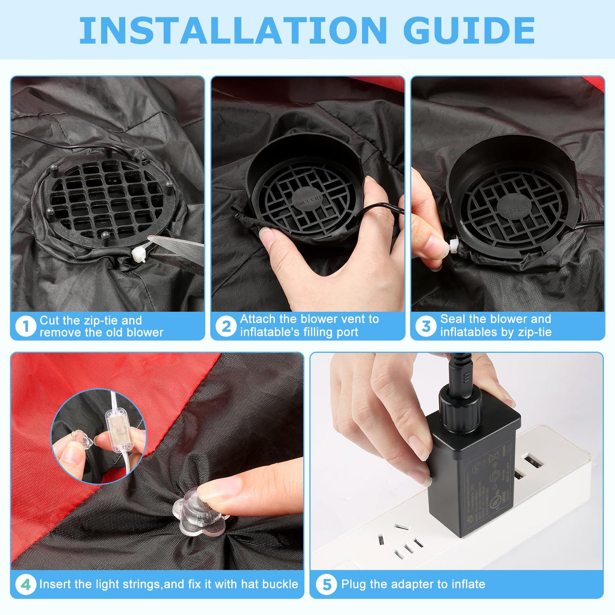 Envanptaz 4-Pack Inflatable Fan Blower Replacement, 12V 1.2A Air Blower for Inflatables with 3 LED Light Strings for Thanksgiving Christmas Halloween Yard Party Holiday Inflatable Decorations