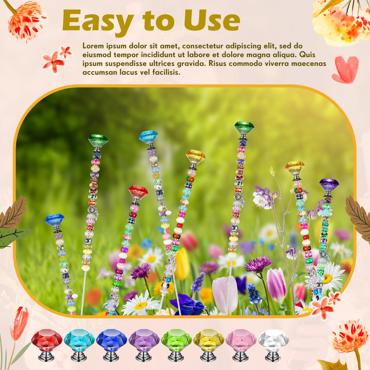 Pelopy Pack of 8 DIY Fairy Garden Beaded Stakes Wands Kit 8 Pcs of 8/32 Inch 12 Inch Threaded Rods and 8 Pcs Hex Nuts and 8 Tops, Stainless Steel Stakes with Toppers (Bright Color, Diamond)