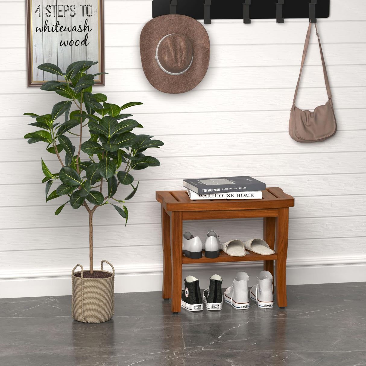 Teak Shower Bench Stool with Storage Shelf, Waterproof Shower Chair Spa Bath Seat, Shower Stool for Inside Shower, Bathroom Bench Seat for Adults Elderly Seniors for Indoor or Outdoor Use