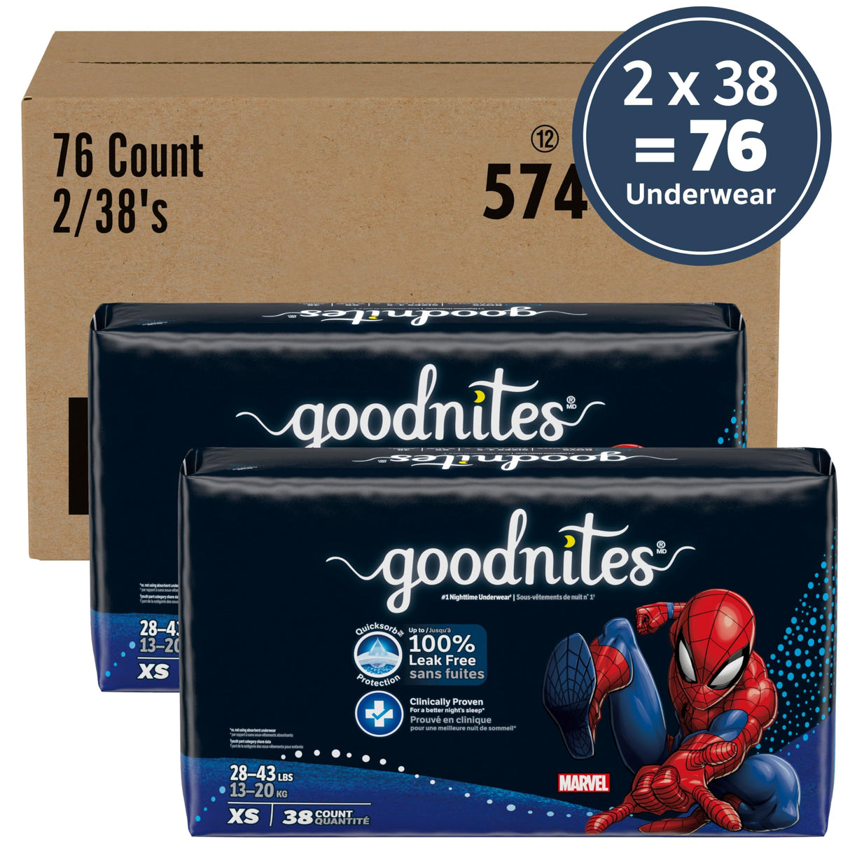 Goodnites Boys' Nighttime Bedwetting Underwear, Size Extra Small (28-43 lbs), 76 Ct (2 Packs of 38), Packaging May Vary