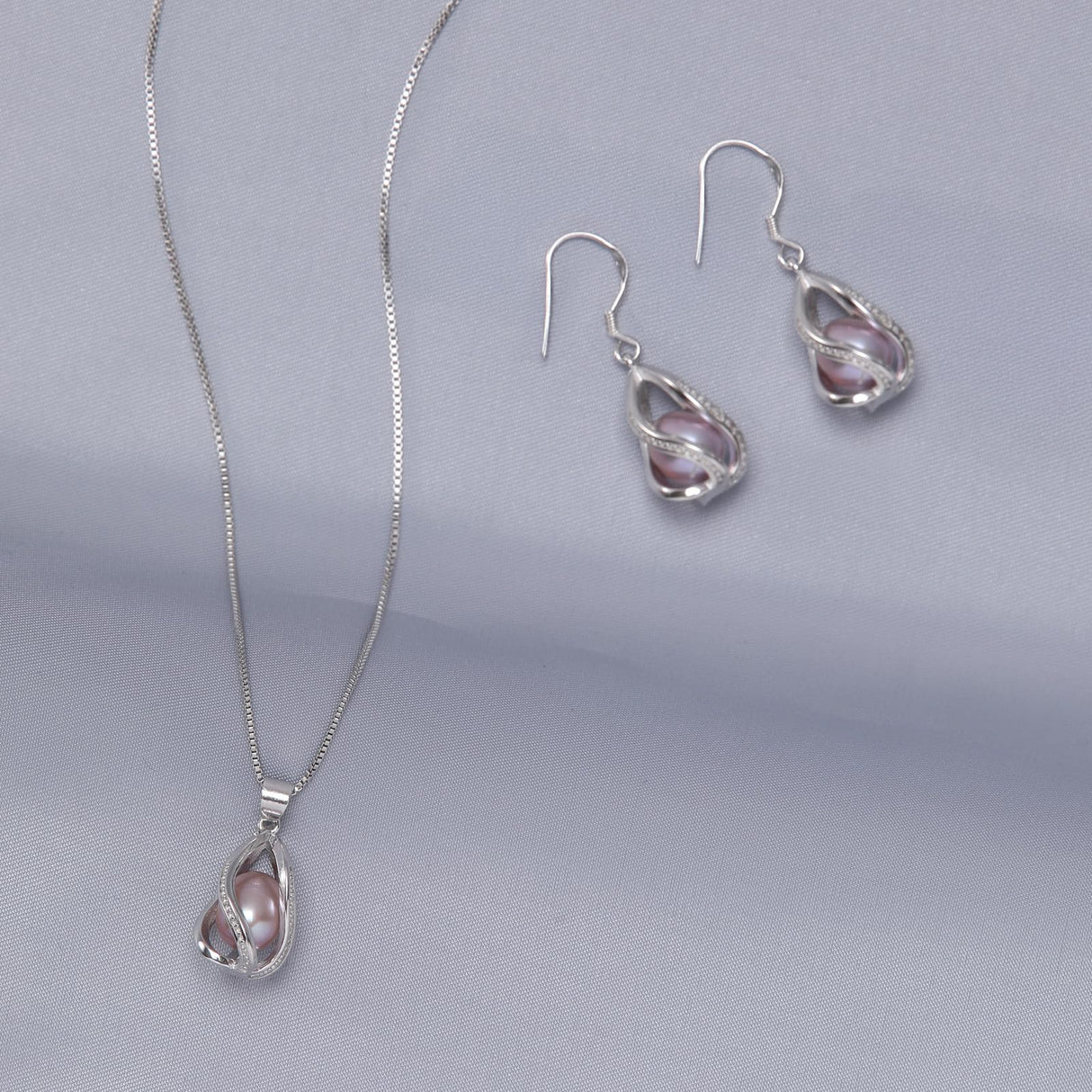 HENGSHENG Pearl Jewelry Set For Women S925 Sterling Silver Necklace & Earrings Set Freshwater Pearl Pendant Cage Set for Wedding Anniversary Prom Birthday Gift - Silvery Purple