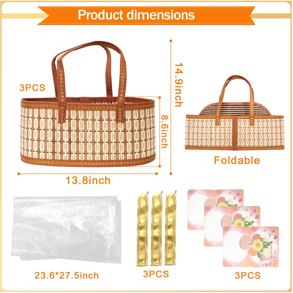Orchidleaf 3 Set Baskets for Gifts Empty, Gift Empty Bamboo Basket Large, Foldable Woven Gift Basket with Handle for Baby Baptisms, Mother's Day, Christmas, Housewarming