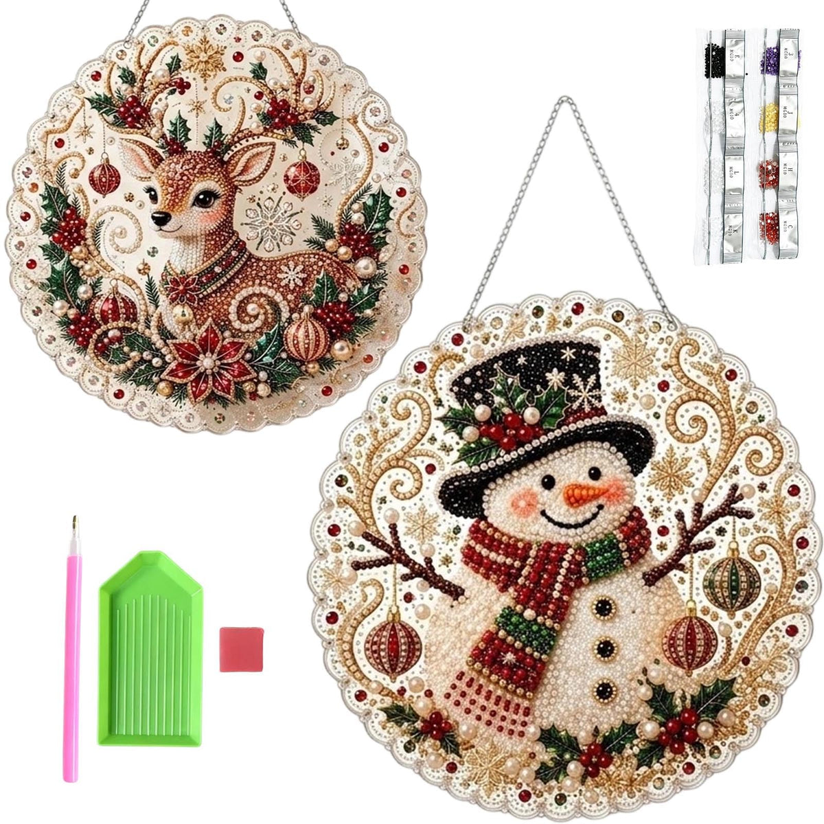 MTZK 2PCS Christmas Pearl Diamond Painting Suncatcher Kit,DIY Craft, Beaded Acrylic Craft Set for Adults & Teens, Creative Xmas Tree Pendant Gift