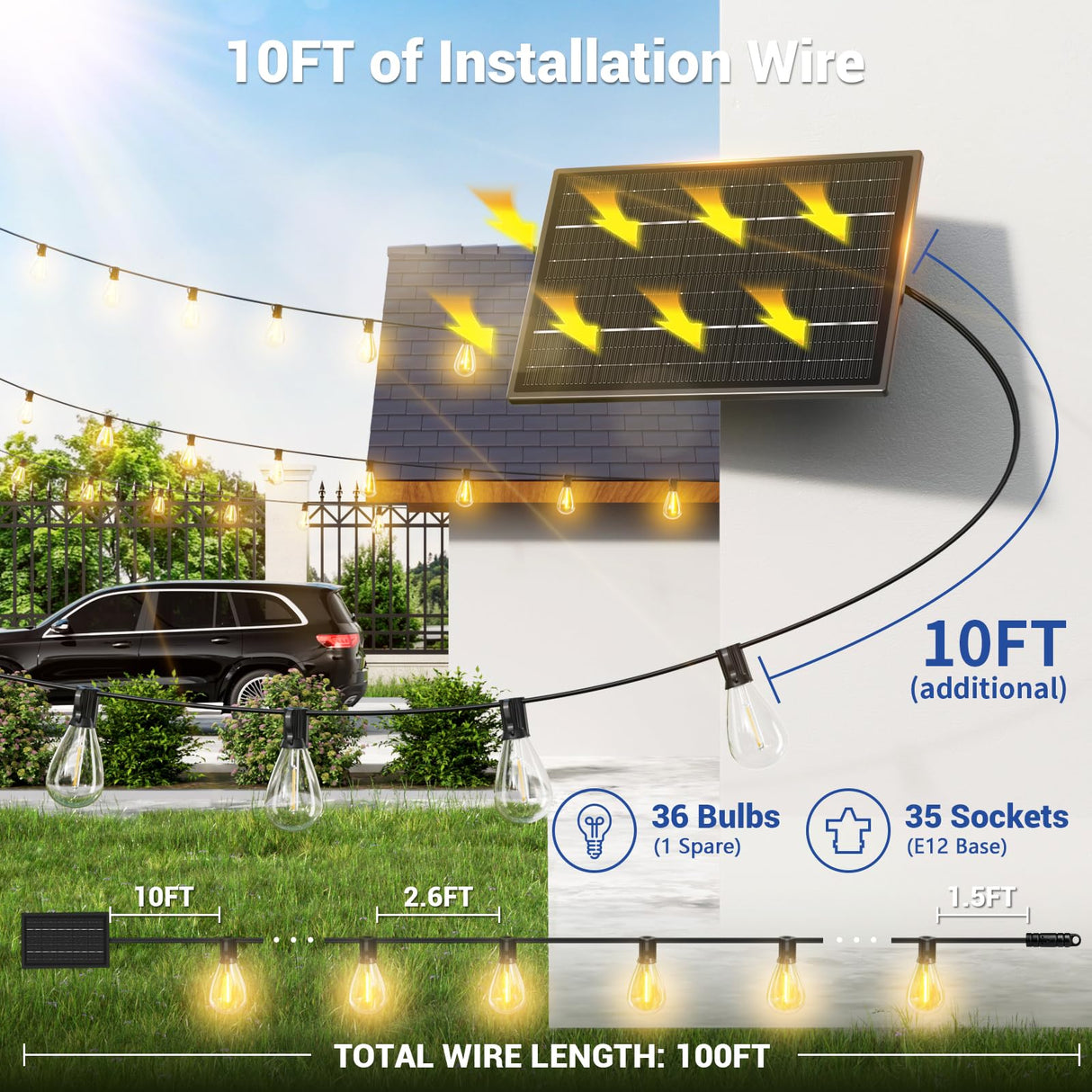 Sikitul 100FT Solar String Lights Outdoor Waterproof, 35+1 LED Solar Powered Lights with Remote Control, 3 Light Modes & Dimmable, USB-C Charging for Patio, Backyard, Garden, Camping