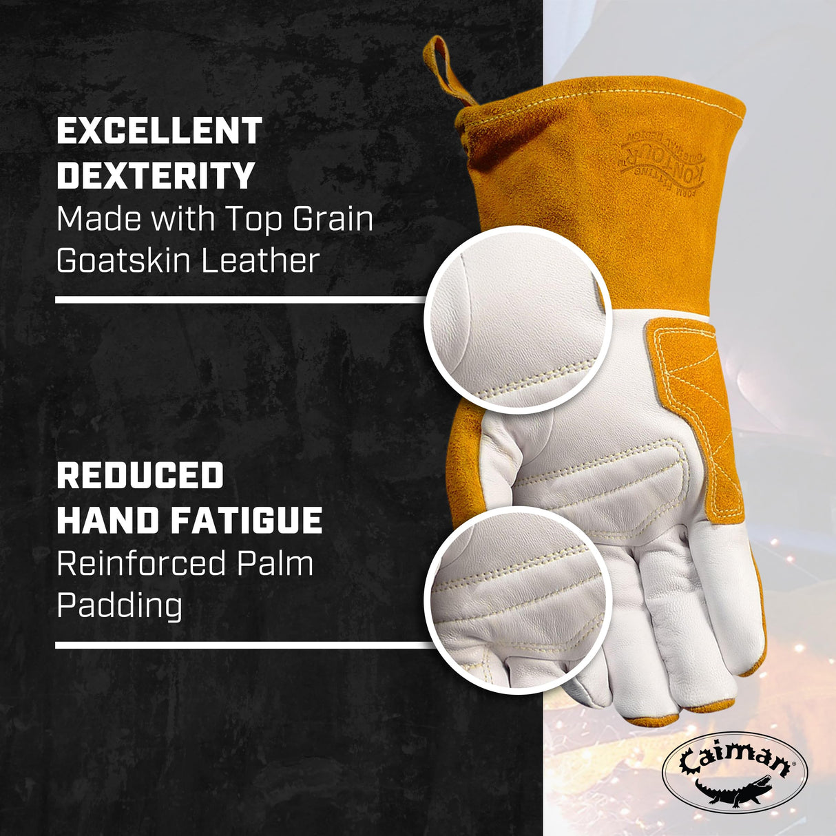 Caiman Premium Goat Grain TIG/Multi-Task Welding Gloves, Split Cowhide Back, 4-Inch Extended Cuff, White/Gold, Large (1540-5)