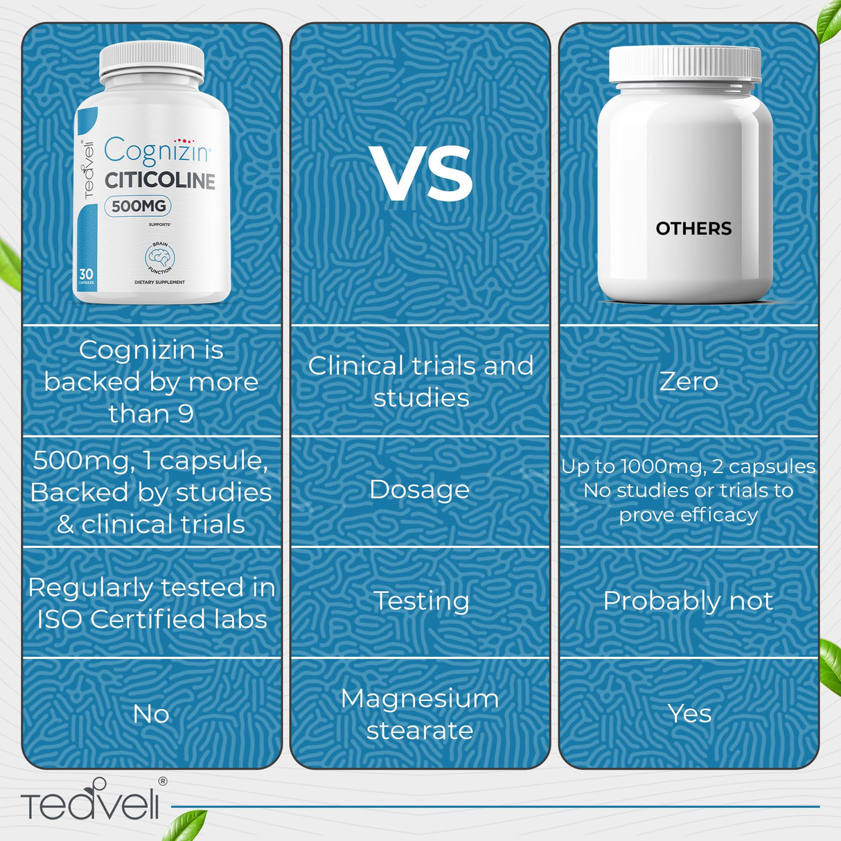 Teaveli Cognizin Citicoline- 500mg CDP Choline Capsules- Clinically Studied Brain Supplement to Support Clarity, Concentration and Memory – Most Bioavailable Form of Choline Supplements - 30 Servings