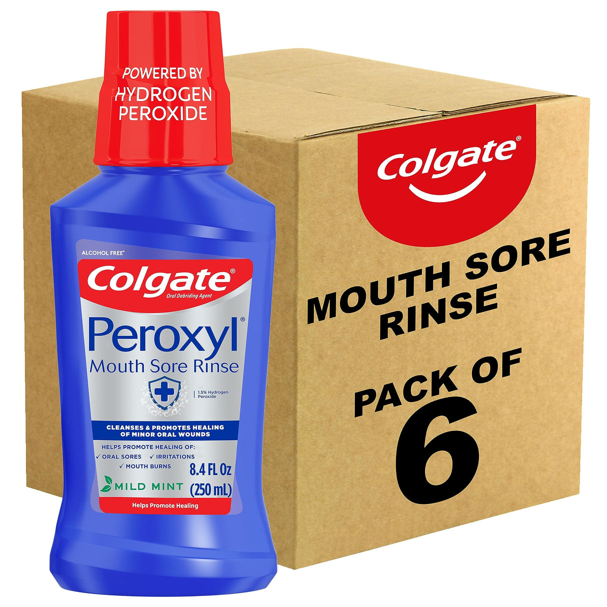 Colgate Peroxyl Antiseptic Mouth Sore Rinse, Alcohol Free, 1.5% Hydrogen Peroxide, Mild Mint, 8.45 Ounce (Pack of 6)