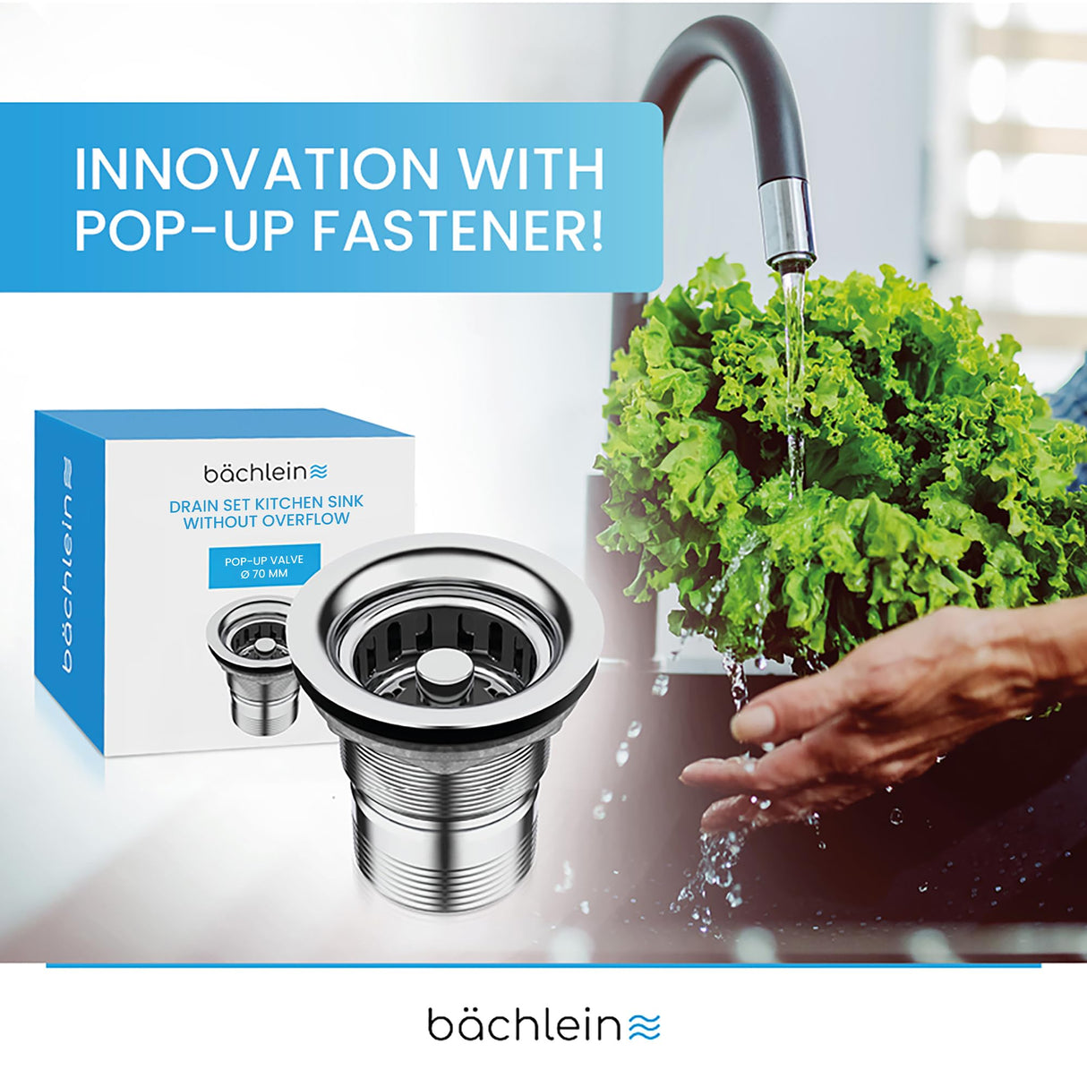 Bächlein Pop-Up Drain Fitting for the Sink, Diameter 70 mm without Overflow, Kitchen Sink, Polished Stainless Steel, Strainer Basket Valve, Basket Valve