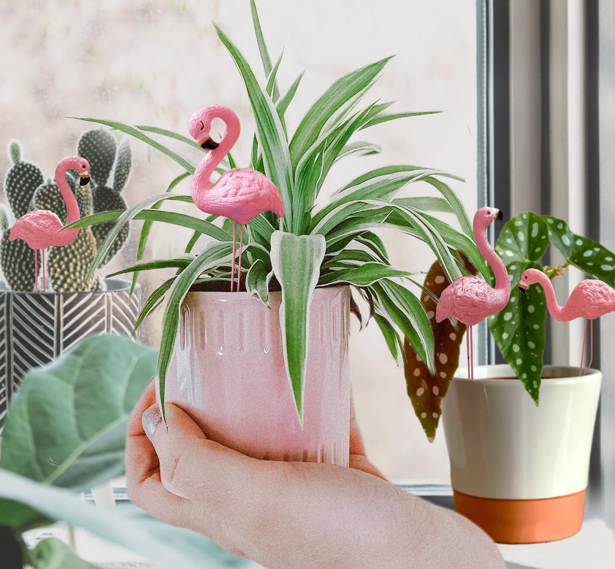 PEGZOS Mini Flamingos Figurines with Stakes - Set of 4 Small Flamingos Garden Gifts for Women Resin for Flower/Plant Pot Decorations - Miniature Fairy Garden