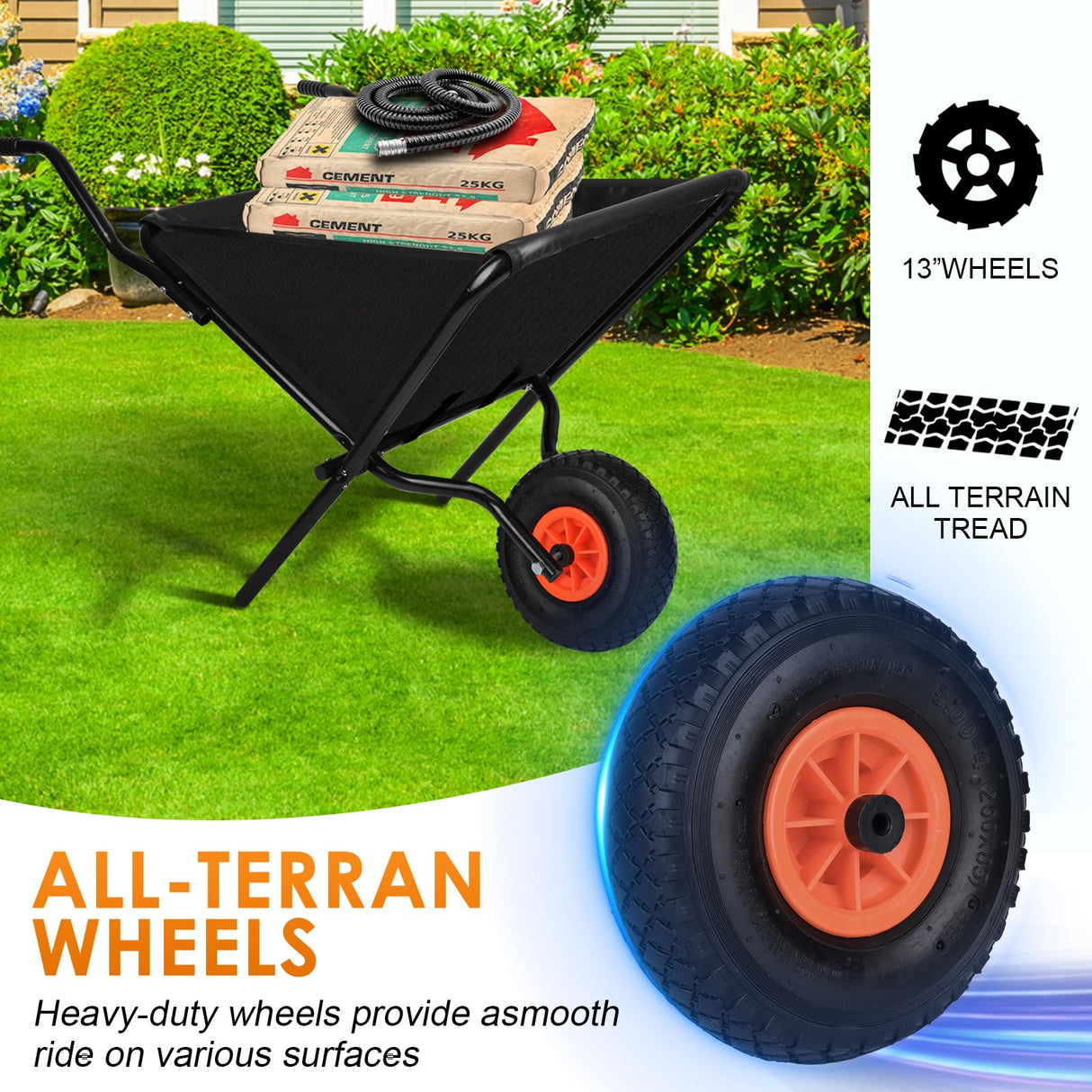 Collapsible Wheelbarrow with Flat-Free Wheel, Folding Utility Garden Cart