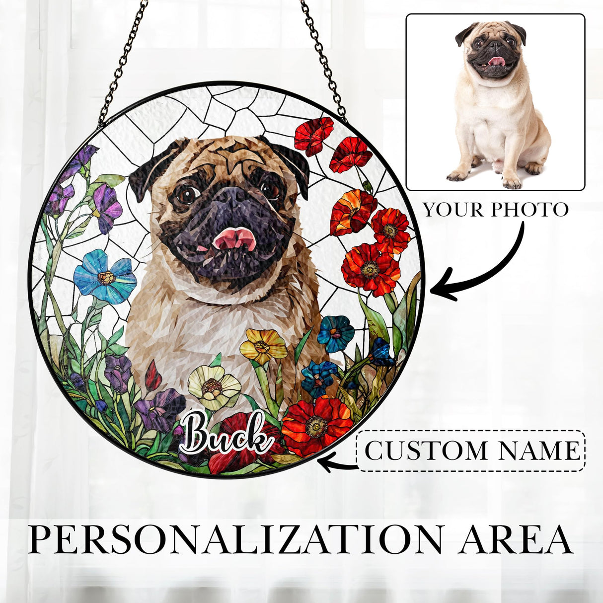 Fastpeace Personalized Stained Glass Pet Photo Suncatcher – Custom Pet Portrait Memorial Window Hanging with Flowers, Keepsake Valentines Gift for Dog Lovers, Cat Lovers, Family Home Decor