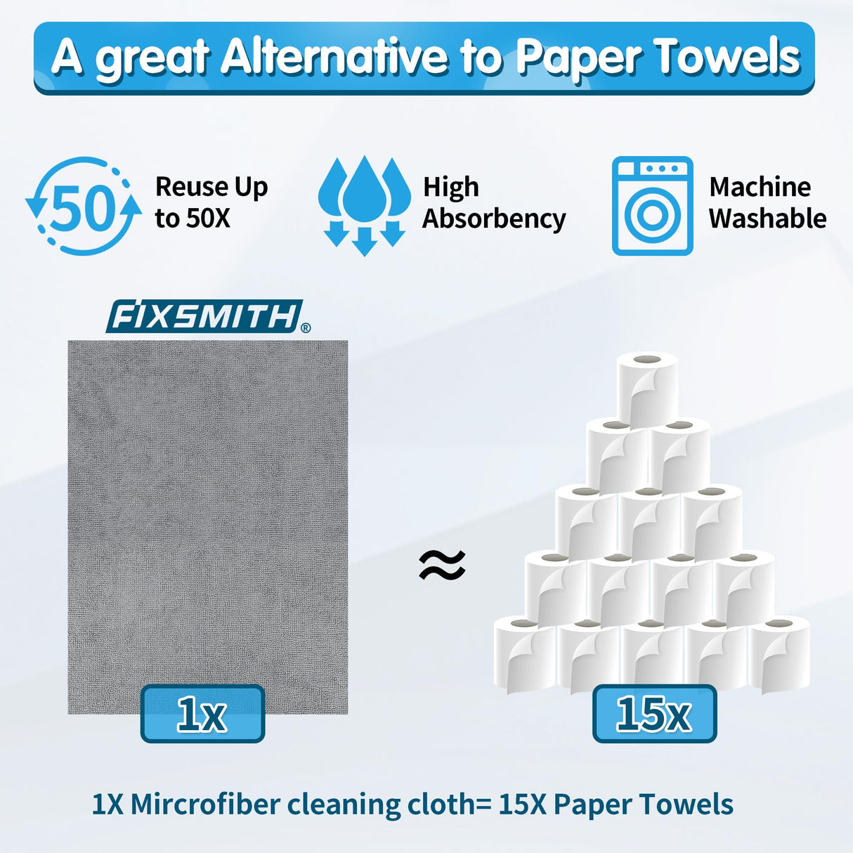 FIXSMITH Grey Microfiber Cleaning Cloth, Pack of 50, 16"X12" Cleaning Rags for Housekeeping and Kitchen, Reusable Shop Towels, Microfiber Towels for Cars, Lint Free, Scratch-Free, Highly Absorbent