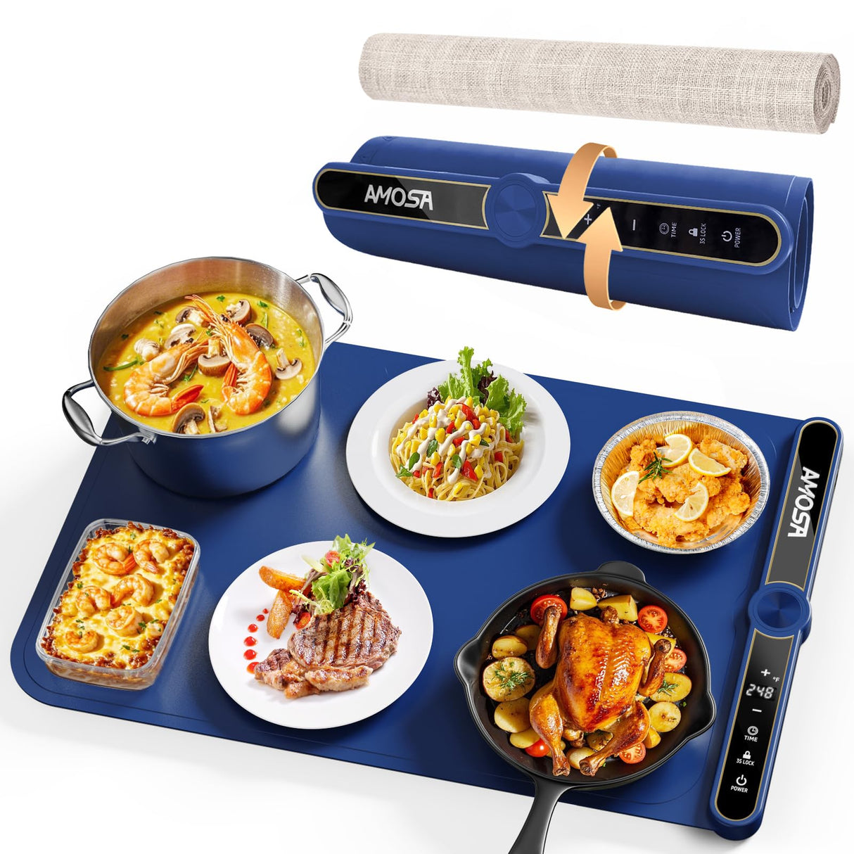 Warming Mat for Food, Fast Heating Electric Food Warmers with 9 Level Temperature and 6 Hours Timer, Large Roll Up Silicone Food Heating Mat, Portable Warming Trays for Buffets Party (Blue)
