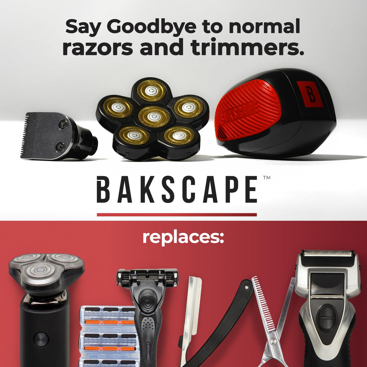 Bakscape Men's Back Shaver Starter Kit 2.0, Electric Body & Back Shaver for Men with Friction Fit Handle & Titanium- Coated Shave Head- Includes 2 Shave Heads & Handle