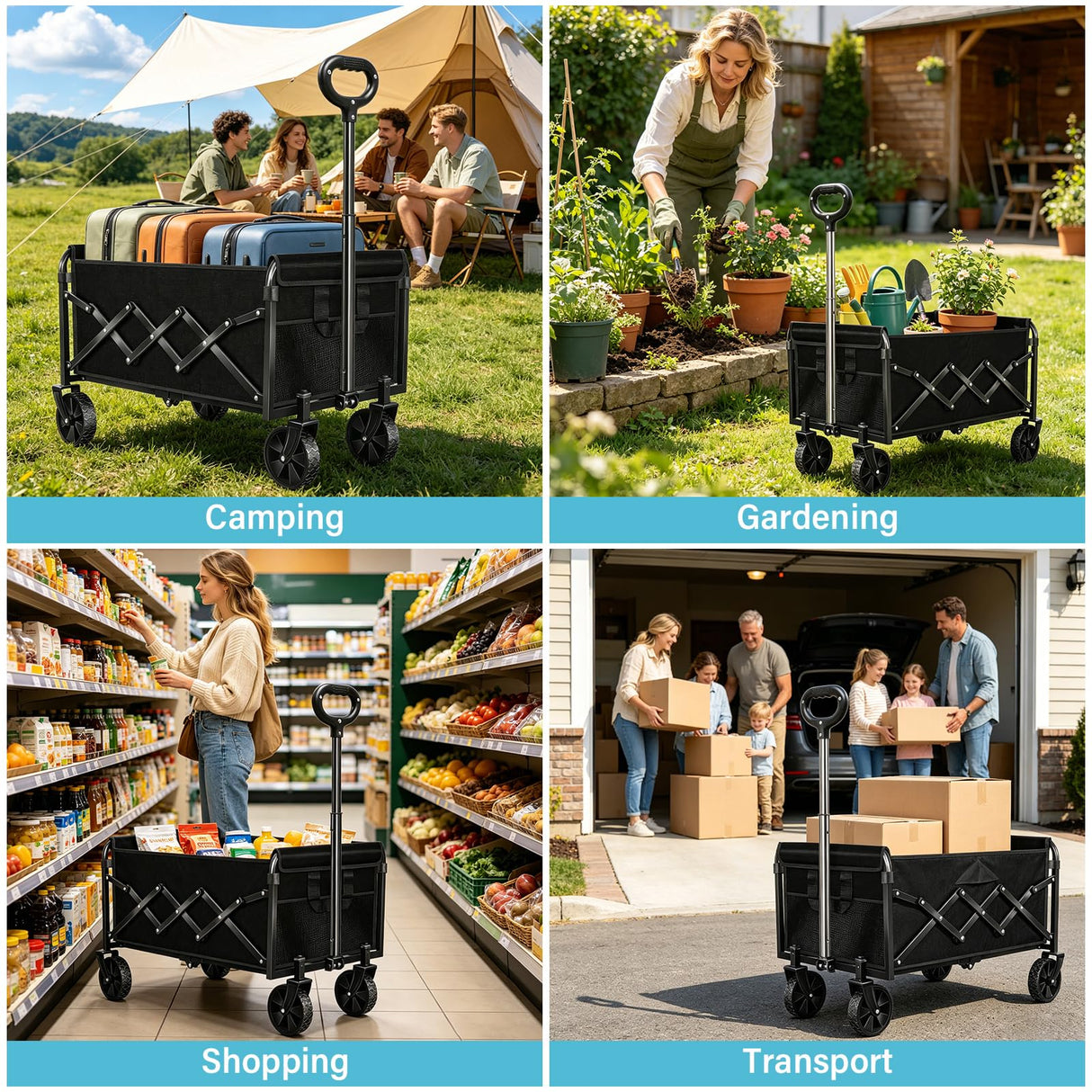 Collapsible Wagon Cart with All-Terrain Wheels - Folding Utility 360LBS Heavy Duty Wagons Carts for Grocery Sports Garden Shopping Camping Fishing (Black, 120L)