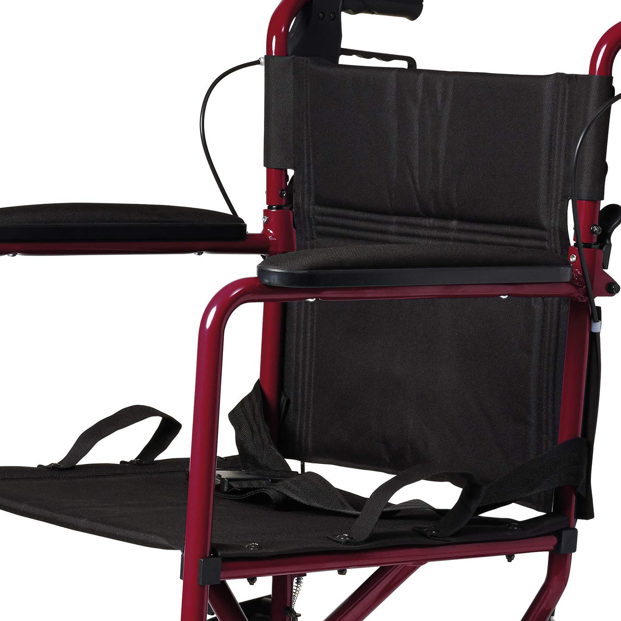 Medline Lightweight Foldable Transport Wheelchair with Handbrakes and 12-Inch Wheels, Red Frame, Black Upholstery