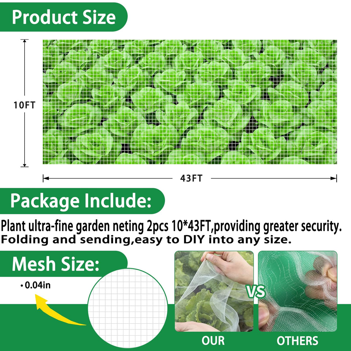 2PCS Insect Netting -10x43FT Fine Mesh Garden Protection Netting for Vegetables Plants Flowers Crops,Row Covers for Raised Bed from Birds Deer Squirrels Barrier Pest