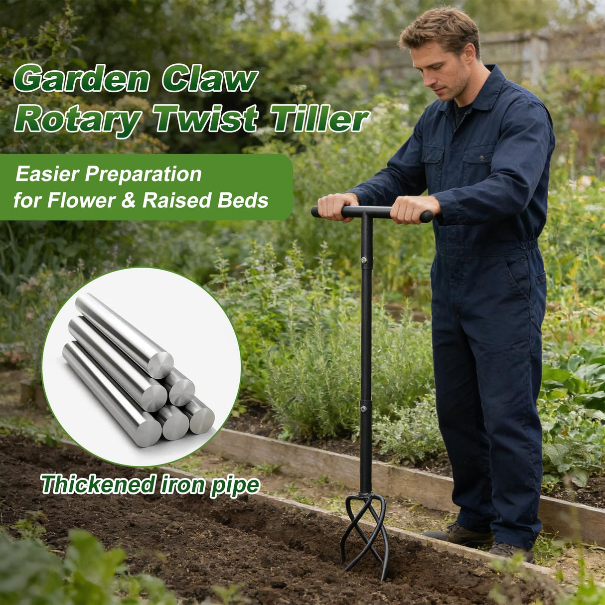 Hand Tiller Garden Tool 3 Ft Garden Claw Hand Tool Sturdy Garden Hand Tiller for Gardening Labor Saving Twist Tiller for Soil Tillage, Weed Control Lawn Aeration