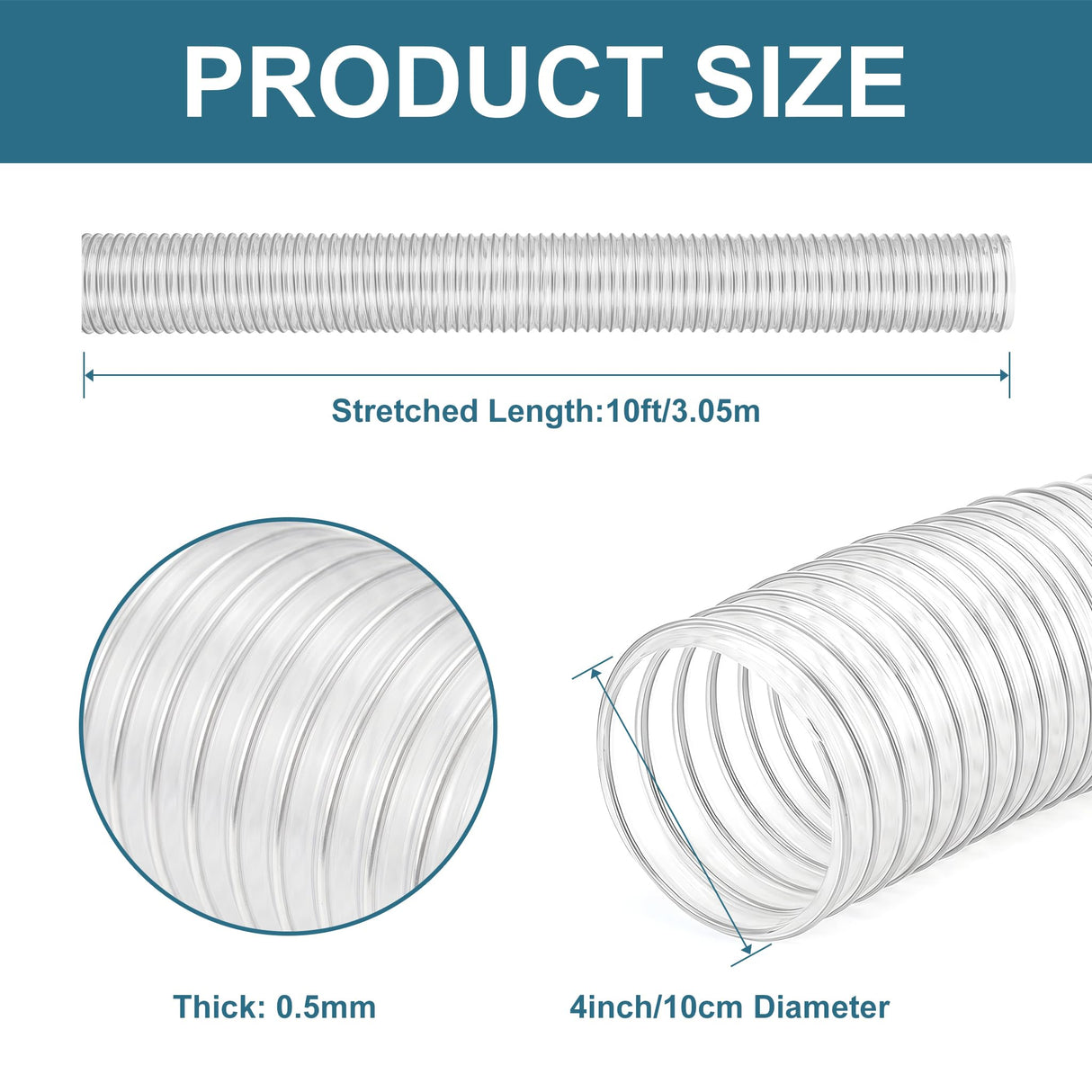 Qucship PVC Dust Collection Hose 4" x 10', Puncture-Resistant, Flexible Clear PVC Fume Hose with Carbon Steel Wire Coil for Dust Collection Systems