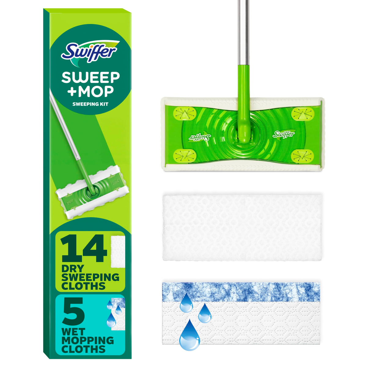 Swiffer Sweeper 2-in-1 Dry + Wet Floor Mopping and Sweeping Kit, Multi-Surface Kit for Floor Cleaning, Kit Includes 1 Sweeper, 14 Dry Sweeping Cloths, 5 Wet Mopping Cloths