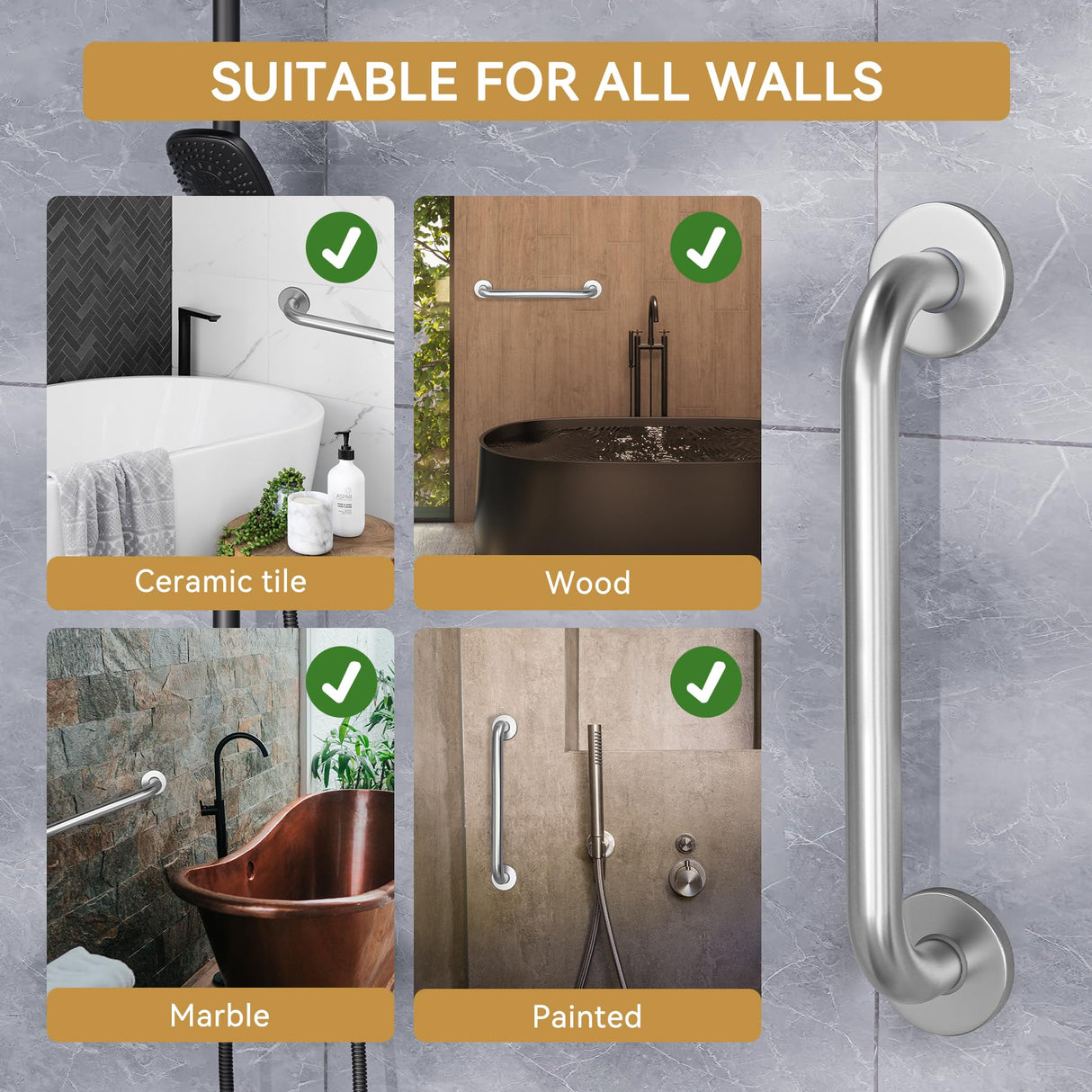 AmazerBath Shower Grab Bars for Seniors Anti Slip, Bath Safety Grab Bar for Needy, Stainless Steel Bathroom Safety Grab Bars, Thickened Bar Bigger Base Holds 500LBS, 16"L x 1.25"D, Brushed Nickel