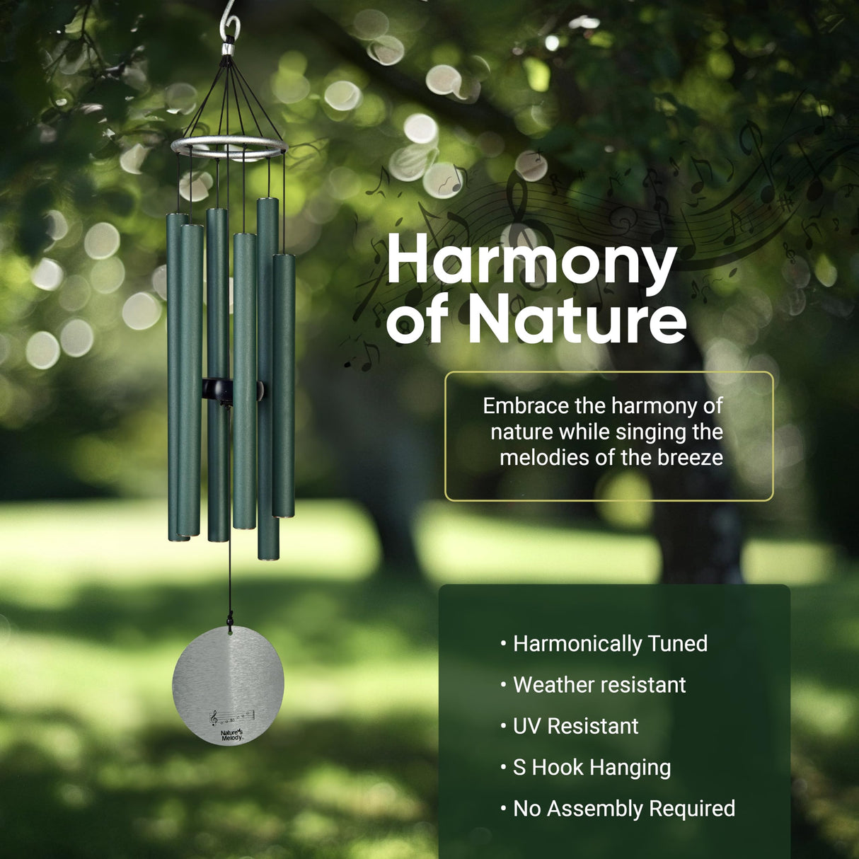 Nature’s Melody Aureole Tunes Wind Chimes – Outdoor Windchime with 6 Tubes Tuned to B Pentatonic Scale, 100% Rustproof Aluminum, Powder Finish & S Hook Hanger for Sympathy, Memorial Gift or Zen Garden