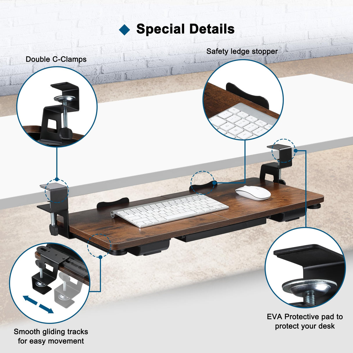 Keyboard Tray Under Desk with Drawer,26.77" X 11.81"Large Size Keyboard Tray with C Clamp-on Mount, Easy to Install, for Home Office (Mahogany)