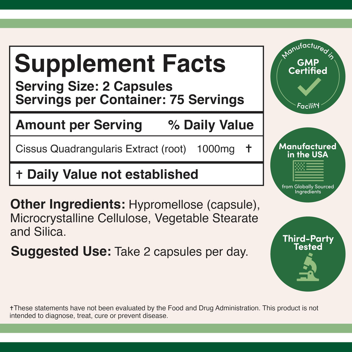 Cissus Quadrangularis Super Extract, 150 Capsules (Non-GMO, Gluten Free) Dietary Supplement for Joint and Tendon Health, 1000mg Serving Size