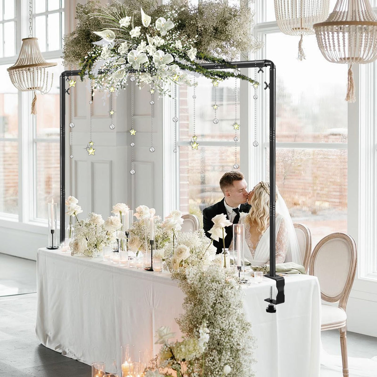 Over The Table Rod Stand with Clamps Adjustable 31-110 in Length 31-64 in Height Black Table Balloon Arch Hanging Stand with Storage Bag for Halloween Christmas Wedding Birthday Party Decoration