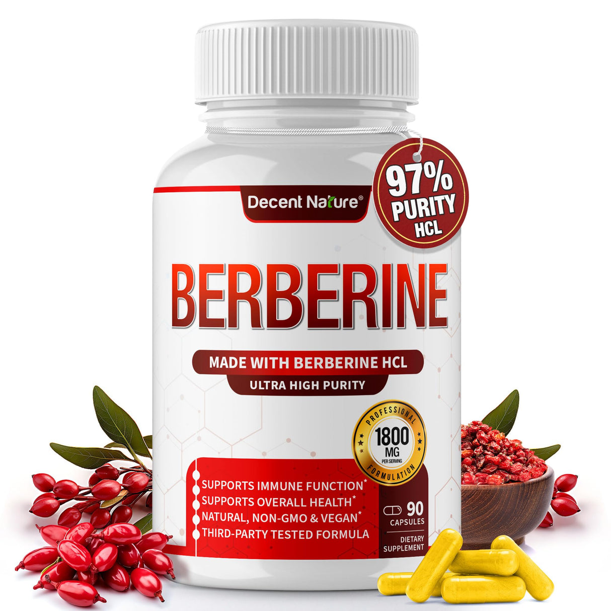 Berberine Supplement 1800mg - Premium Berberine HCl 97% High Purity, Supports Immune System, High Potency Hydrochloride & Extract, Activates AMPK & GLP-1, Non-GMO Vegan, for Men Woman 90 Capsules