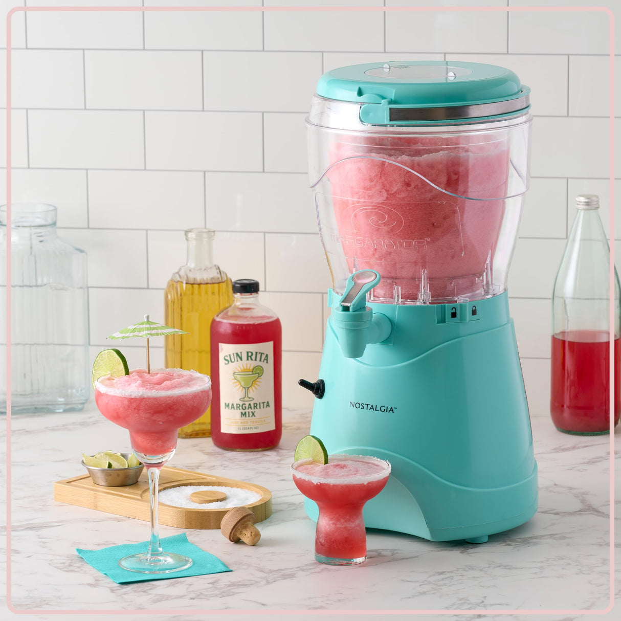 Nostalgia Frozen Drink Maker and Margarita Machine for Home - 128-Ounce Slushy Maker with Stainless Steel Flow Spout - Easy to Clean and Double Insulated - Aqua