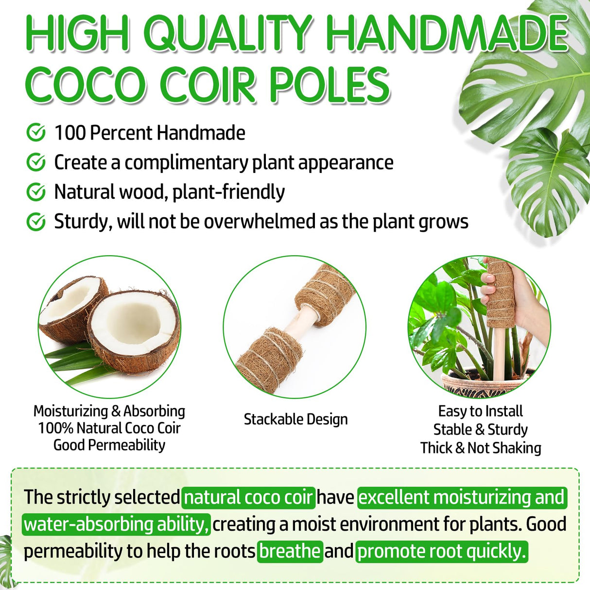 ROADPLUM 102 Inch Moss Pole for Plants Indoor (2*21.7", 2*16.5", 2*12.6") 6Pcs Coco Coir Pole Monstera Plant Support Pole for Plants Climbing with 65.6ft Twist Tie, Plant Tie and Jute Rope for Potted