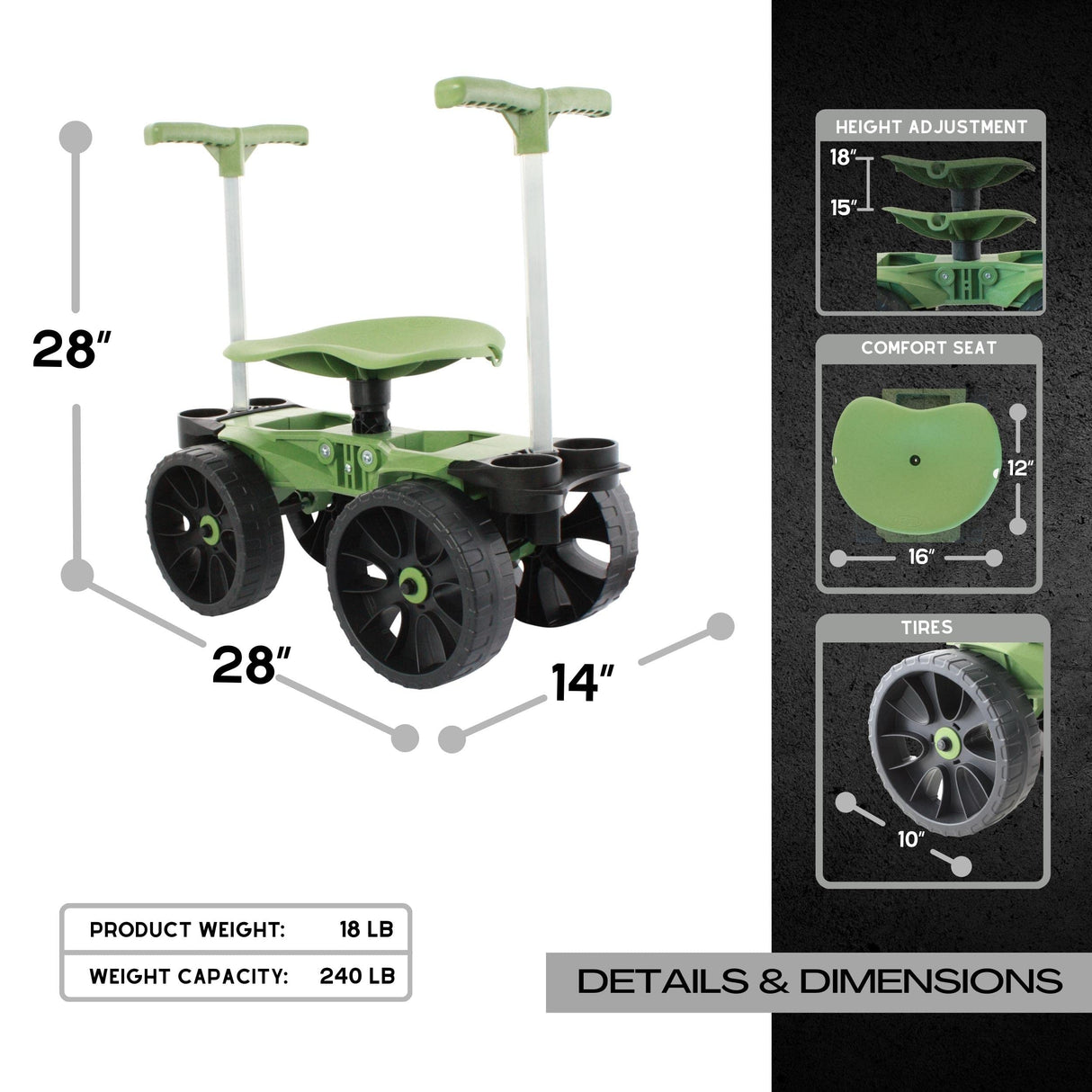 TheXceptional Wheelie Easy-Up | Wheeled Garden Stool with Handles Relieve Pain Getting Up and Down | Gardening Work-Seat with Wheels for Elderly Seniors | Made in USA by Vertex | Model EX530