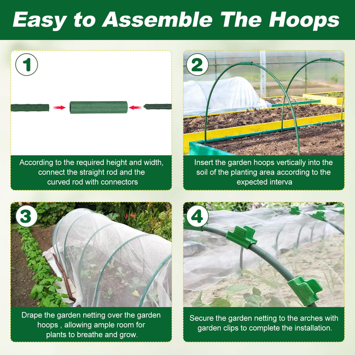 Fippy Garden Netting Kit, 10 X 50FT Garden Netting Pest Barrier with 10 Sets Garden Hoops and 20pcs Clips, Insect Netting Row Cover for Raised Beds Vegetable Fruits Flowers Protection