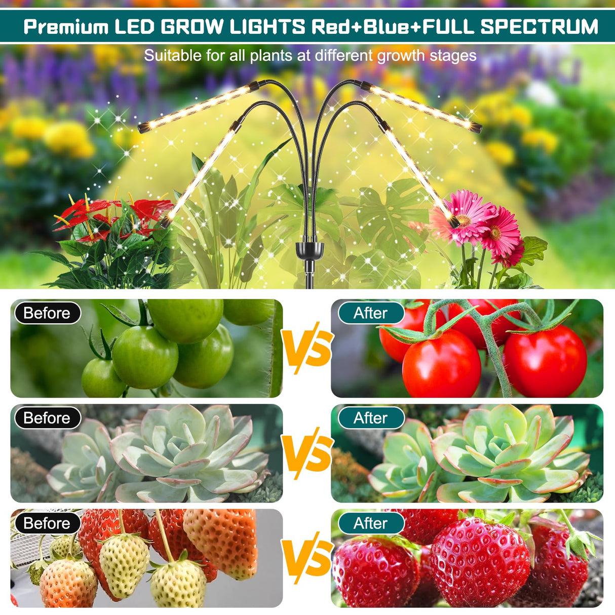 Grow Lights for Indoor Plants Yellow Light with 15-63 inches Adjustable Tripod Stand Plant Light with 4/8/12H Timer with Remote Control