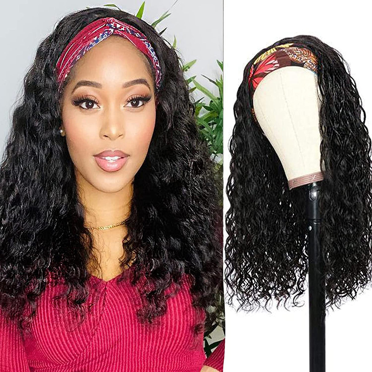 Lauberita Headband Wig Human Hair Wigs 16 Inch Wear and Go Glueless Wig Curly Deep Wave Headband Wig Natural Color