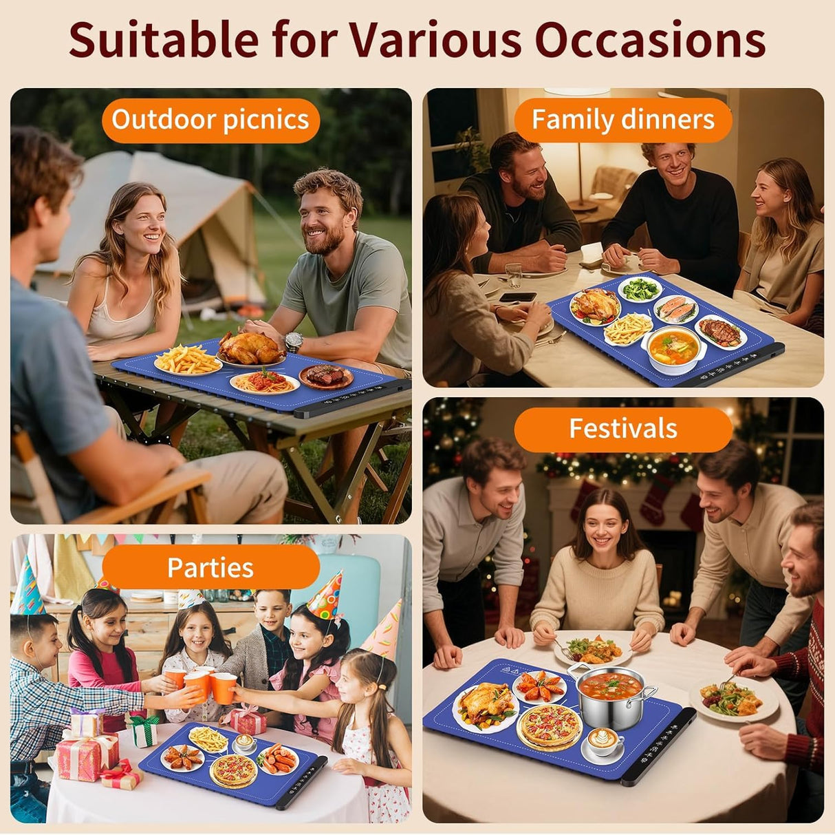Warming mat for Food, Food Warming Mat - New Upgraded Fast Heating Silicone Electric Warming Tray, Larger Touch Screen, Higher Feet, Roll Up Warming Mat for Food, Portable Food Warmer, Blue